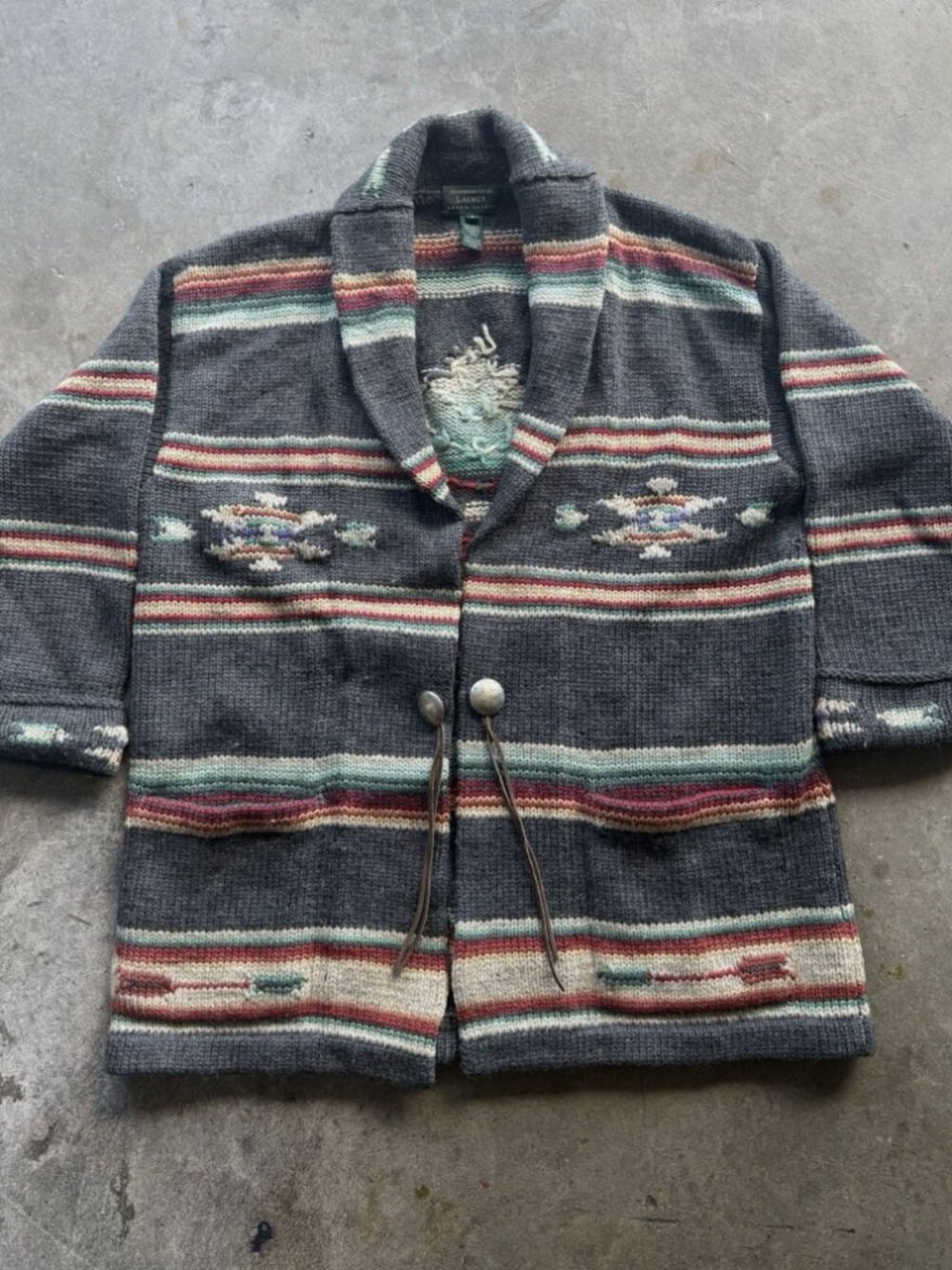 Vintage Ralph Lauren Wool Knit Southwestern Cardigan Sweater Concho Ties S - Picture 5 of 11